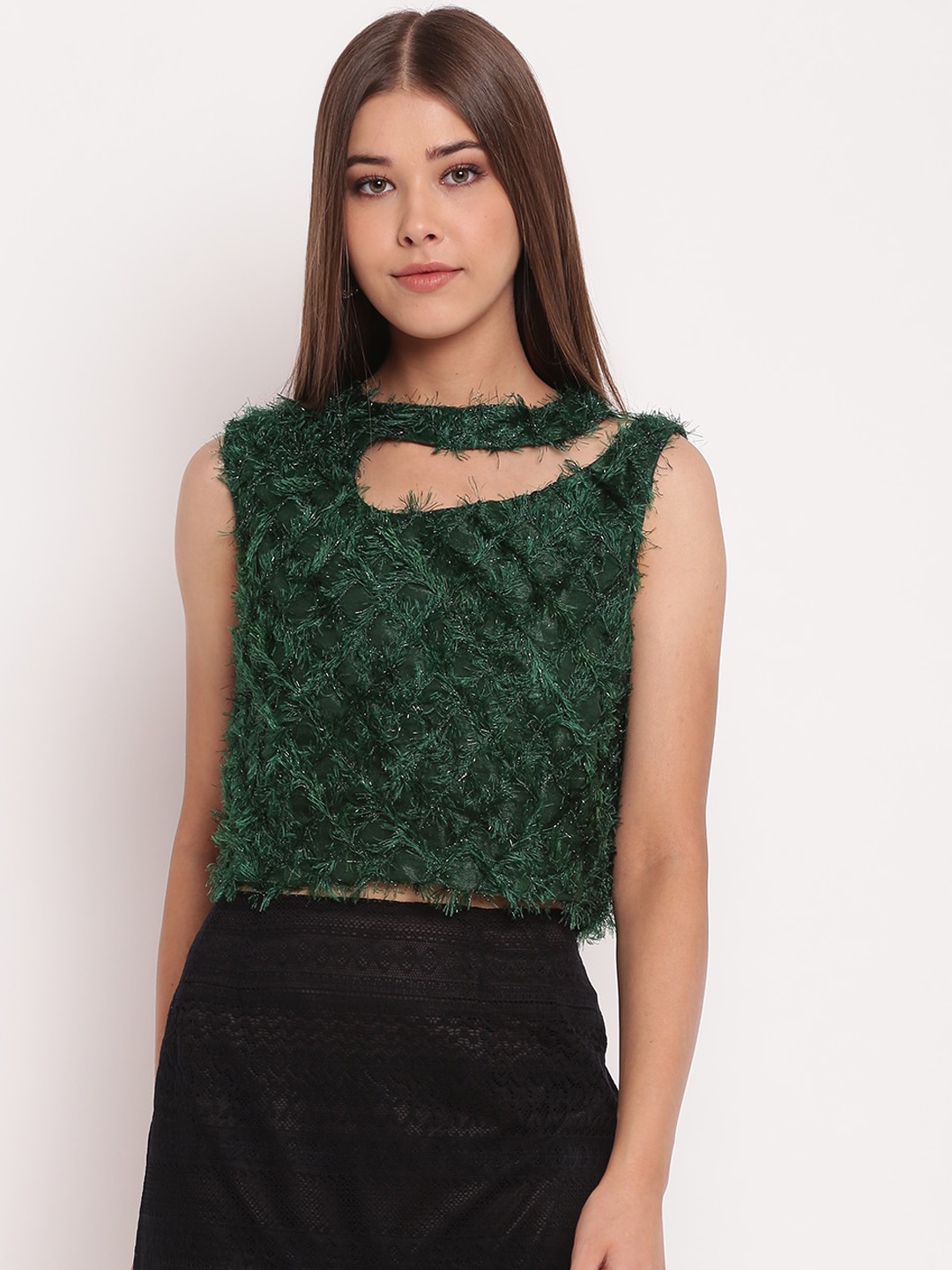 

AKIMIA Green & Black Choker Neck Regular Top