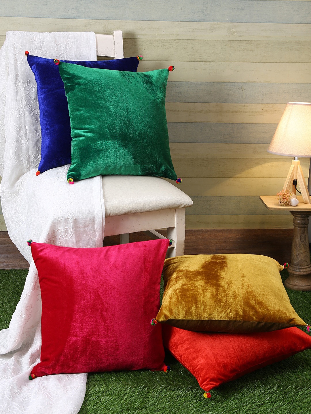 

ROMEE Set of 5 Multicoloured Solid Velvet Square Cushion Covers, Multi