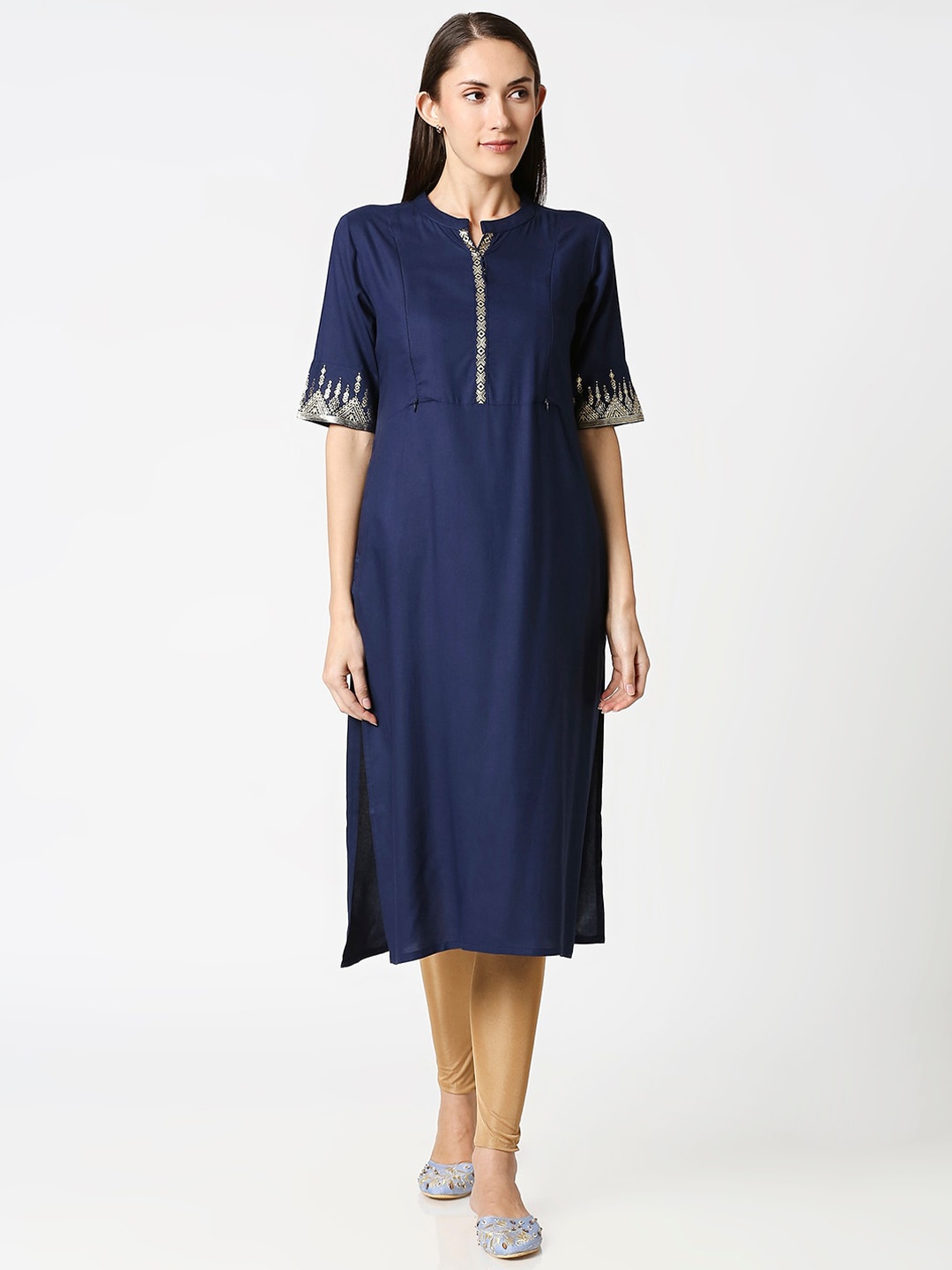 AV2 Women Navy Blue Solid Maternity Nursing Straight Kurta