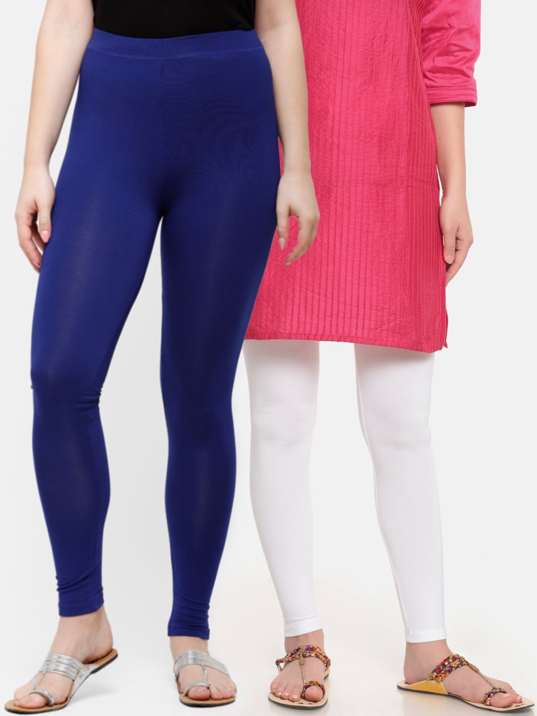 

De Moza Women Pack Of 2 White & Blue Solid Ankle-Length Leggings