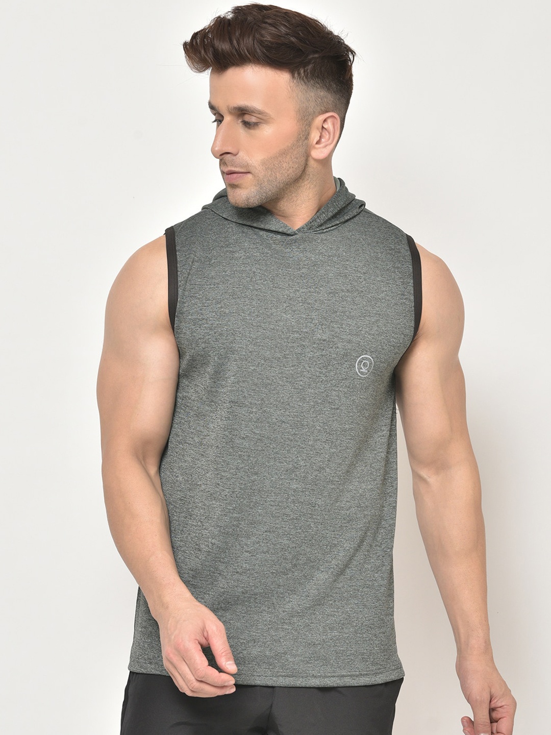 

Chkokko Men Grey Melange Solid Dry Fit Hood T-shirt