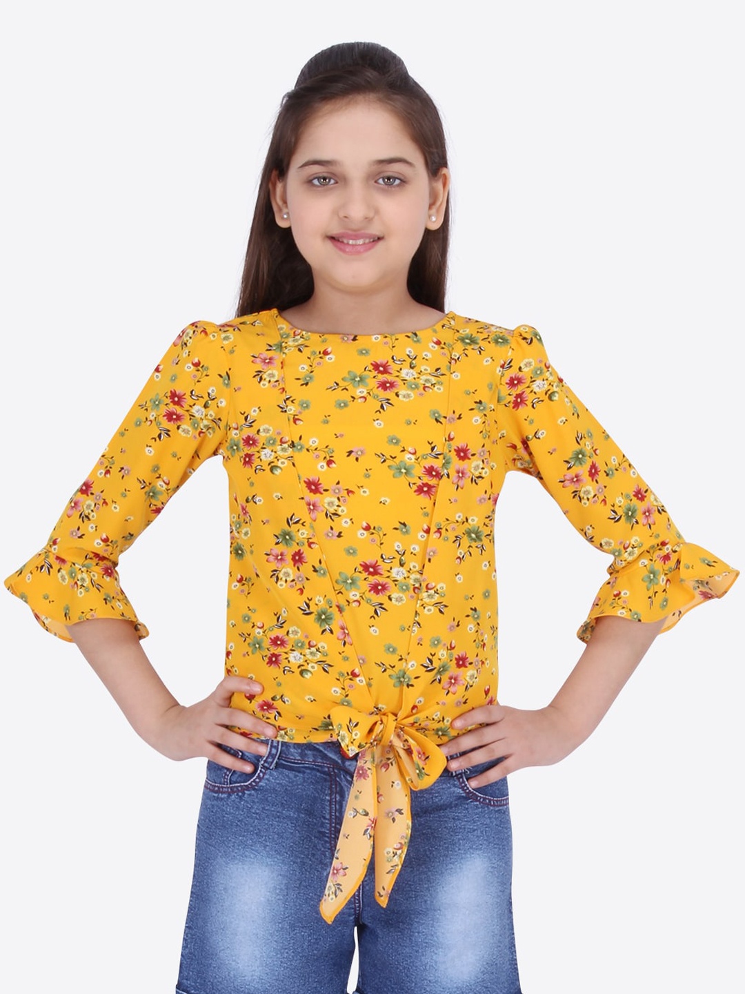 CUTECUMBER Yellow Floral Printed Bell Sleeves Georgette Regular Top