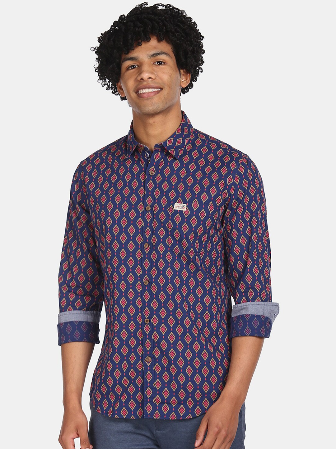 

U.S. Polo Assn. Denim Co. Men Navy Blue & Pink Regular Fit Printed Pure Cotton Casual Shirt