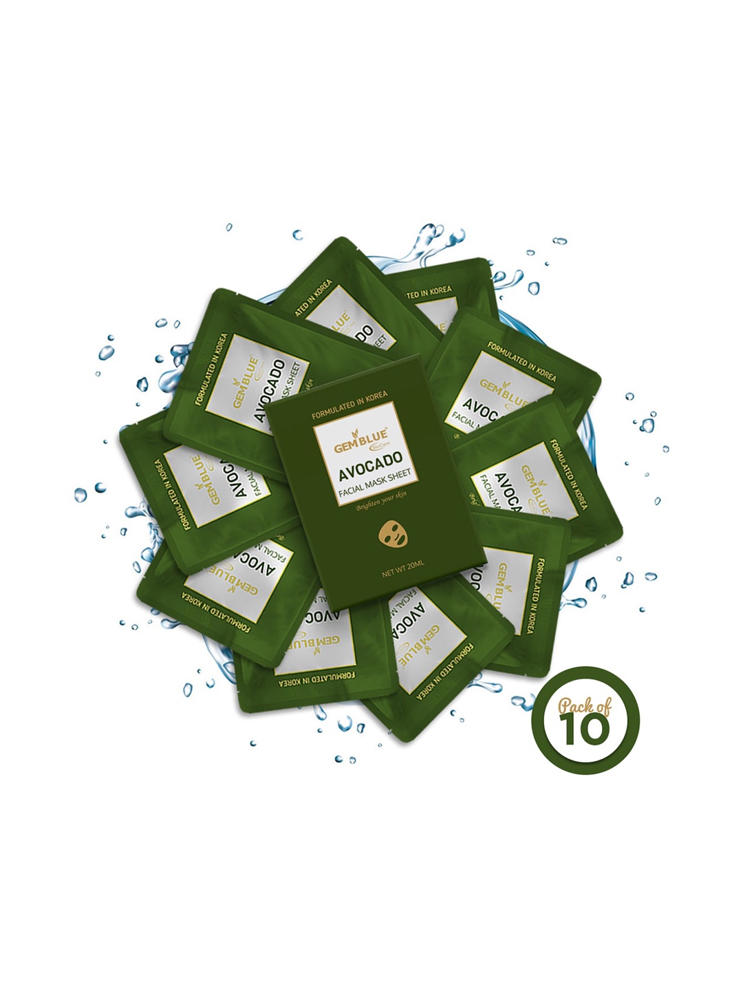 

GEMBLUE BioCare Unisex Pack Of 10 Avocado Facial Mask Sheet 200 ml, Green
