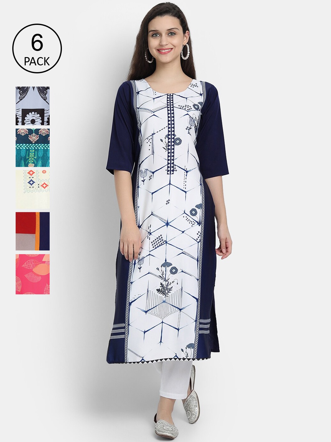 

Ethnic basket Women Multicoloured Pack of 6 Crepe Kurta, Multi