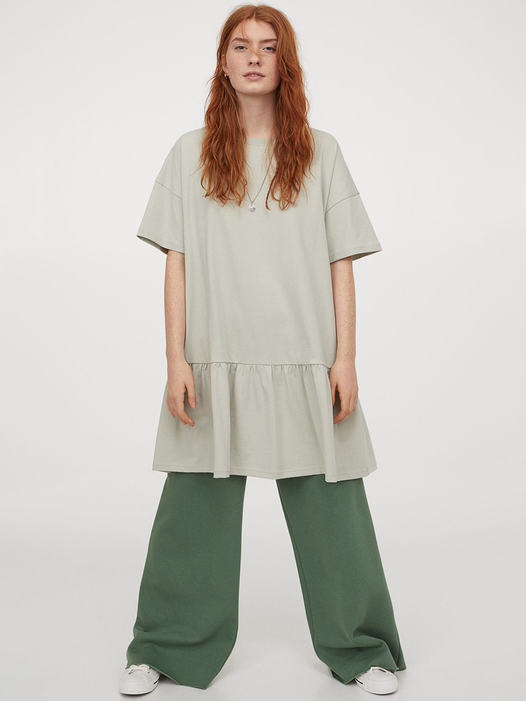 

H&M Women Olive Green Solid Cotton Drop-waist Dress