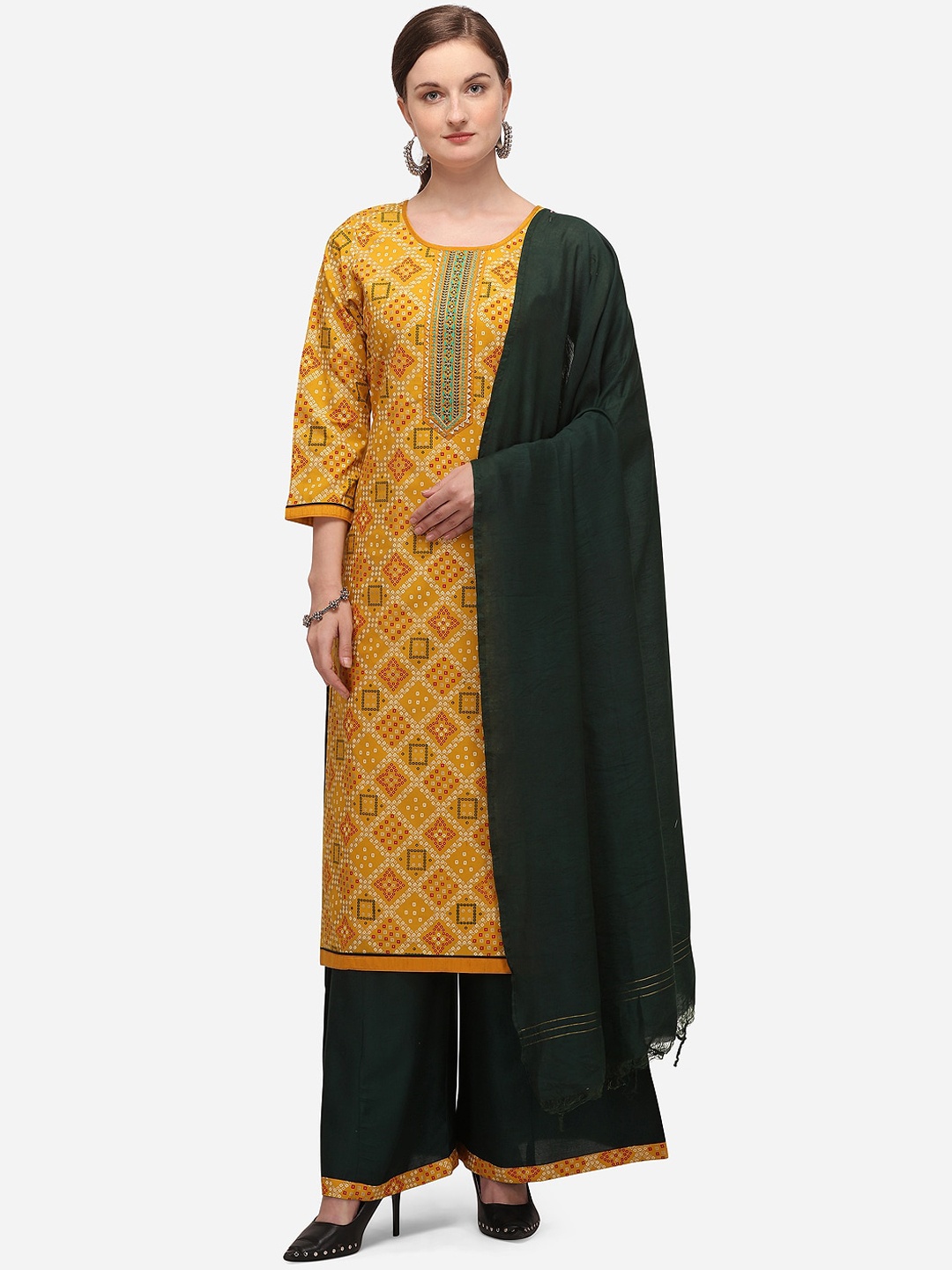 

SheWill Mustard Yellow & Green Cotton Blend Unstitched Dress Material