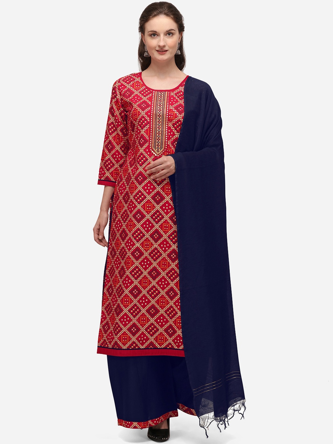 

SheWill Red & Navy Blue Bandhani Printed Cotton Blend Unstitched Dress Material
