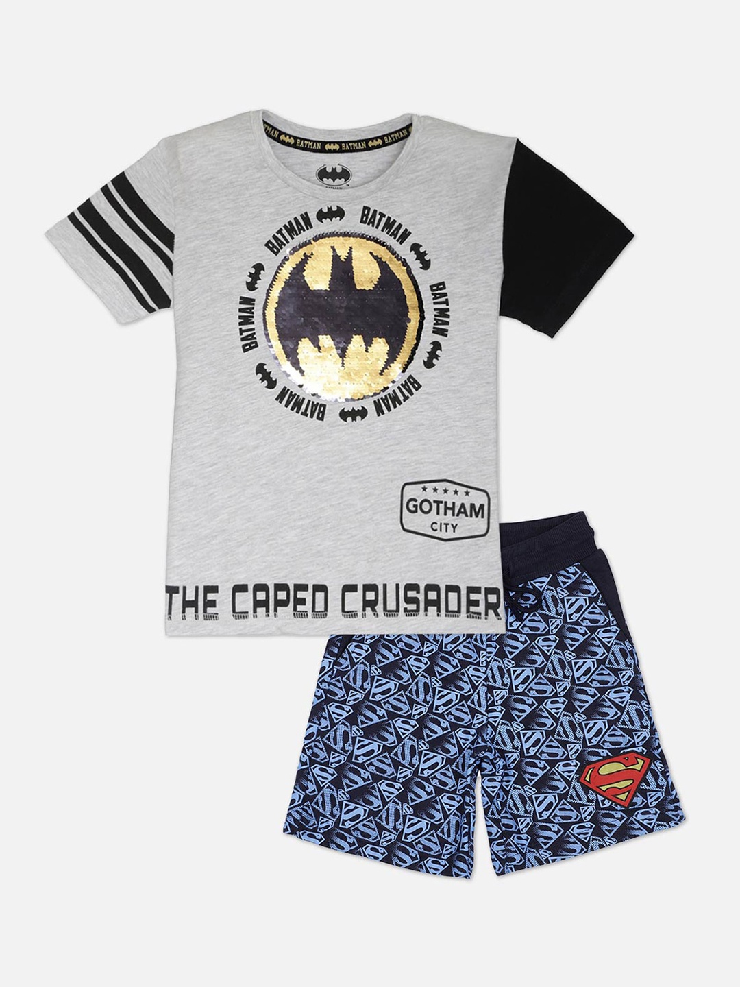 

Kids Ville Boys Grey Melange & Blue Dc Comics Printed T-shirt with Shorts