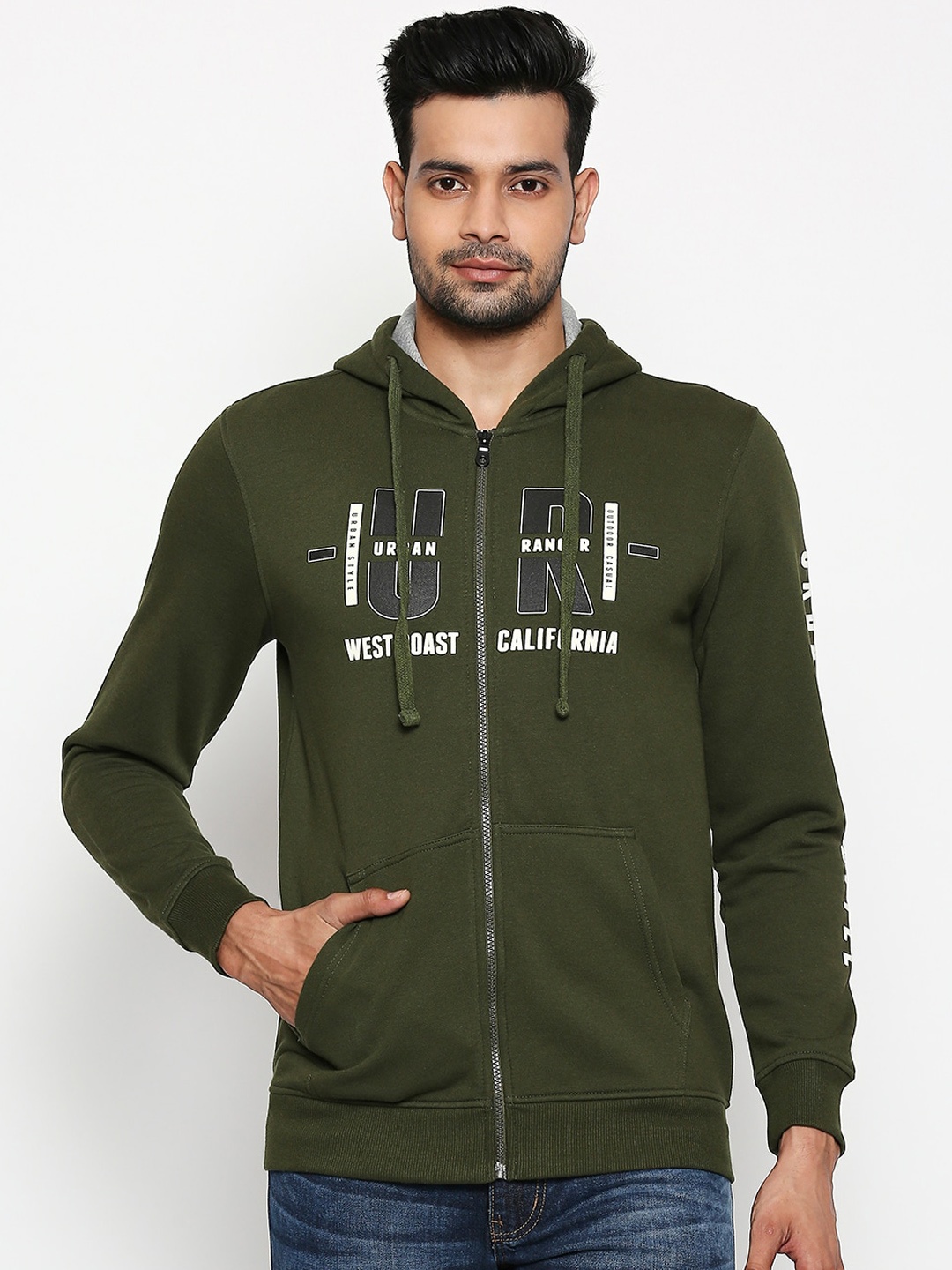 

Urban Ranger by pantaloons Men Olive Green Printed Hooded Sweatshirt