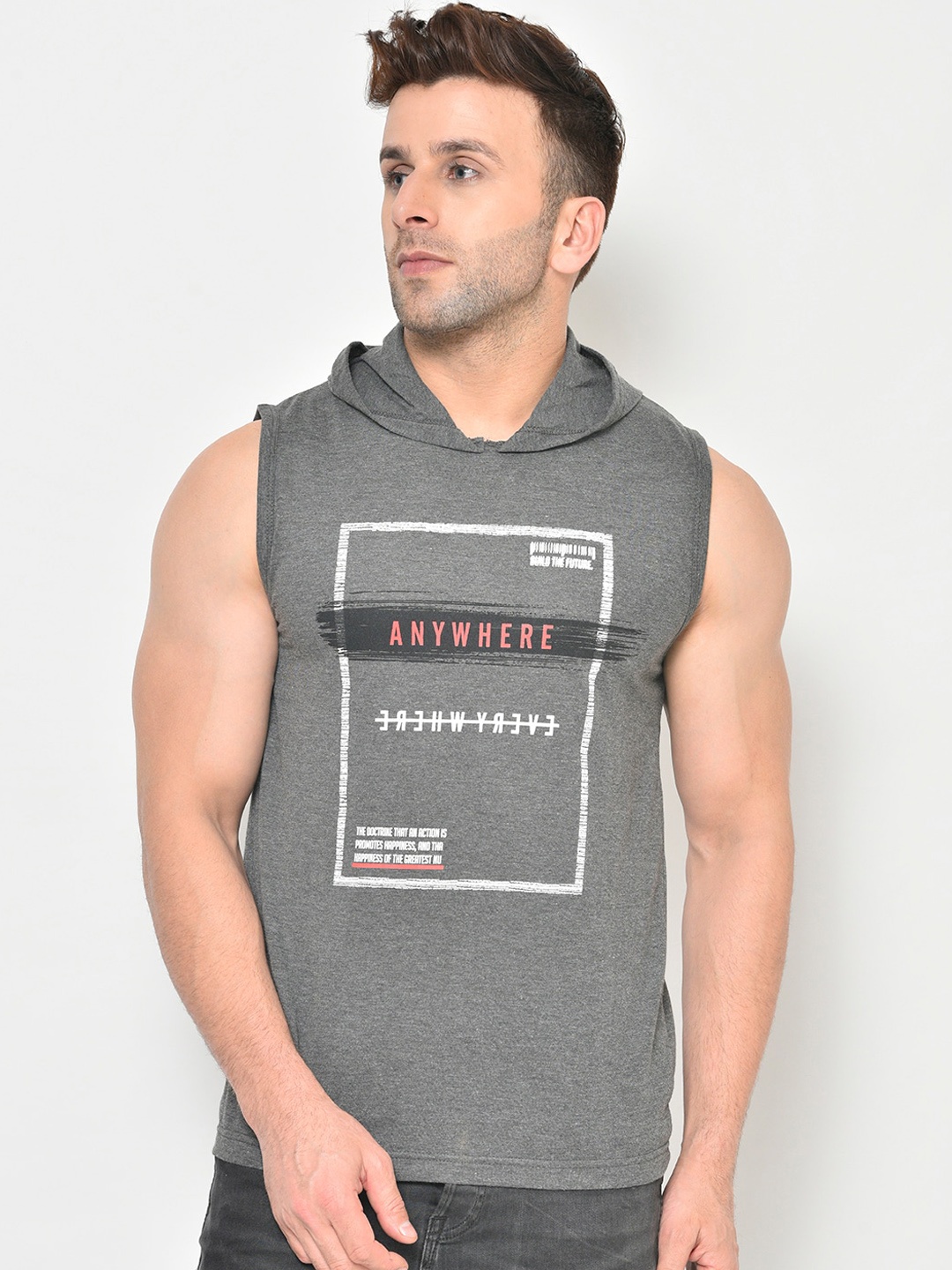 

CHKOKKO Men Grey Melange Printed Dry Fit Hood T-shirt