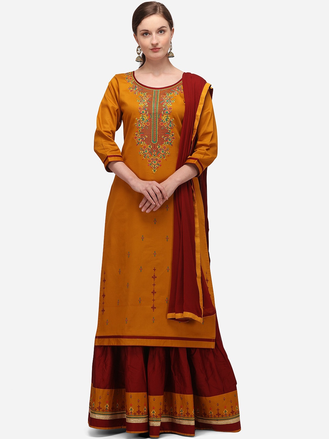 

SheWill Mustard & Maroon Silk Blend Unstitched Dress Material
