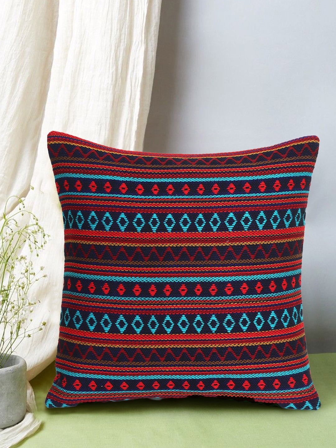 Mezposh Sea Green & Red Set of Single Ethnic Motifs Square Cushion Covers