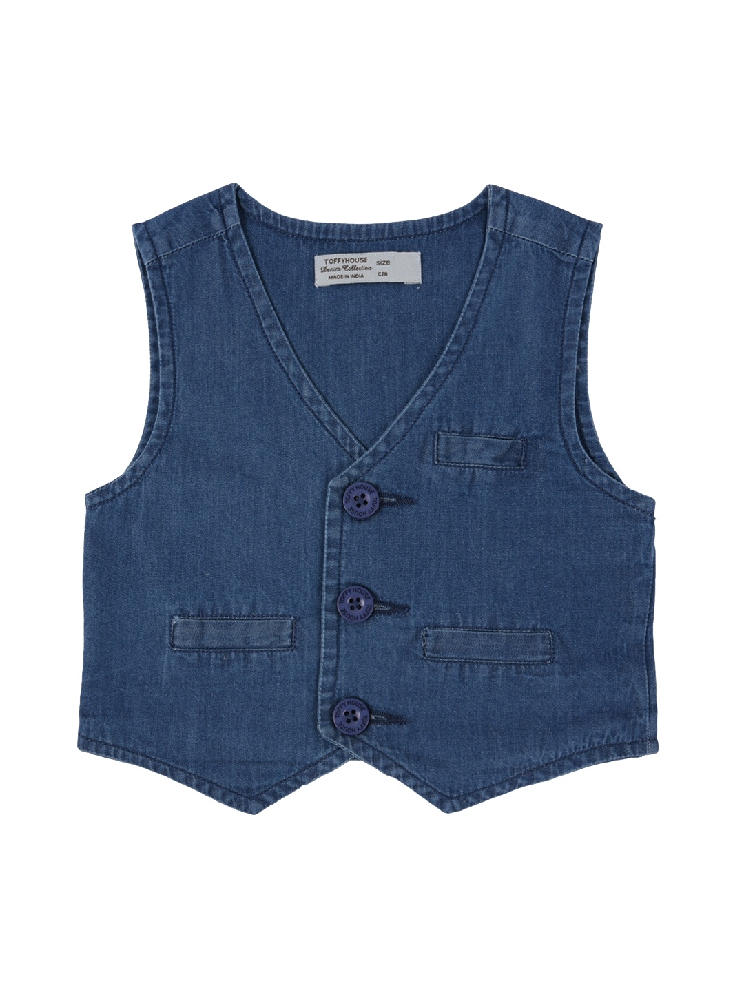 

TOFFY HOUSE Boys Blue Solid Casual Denim Waistcoat