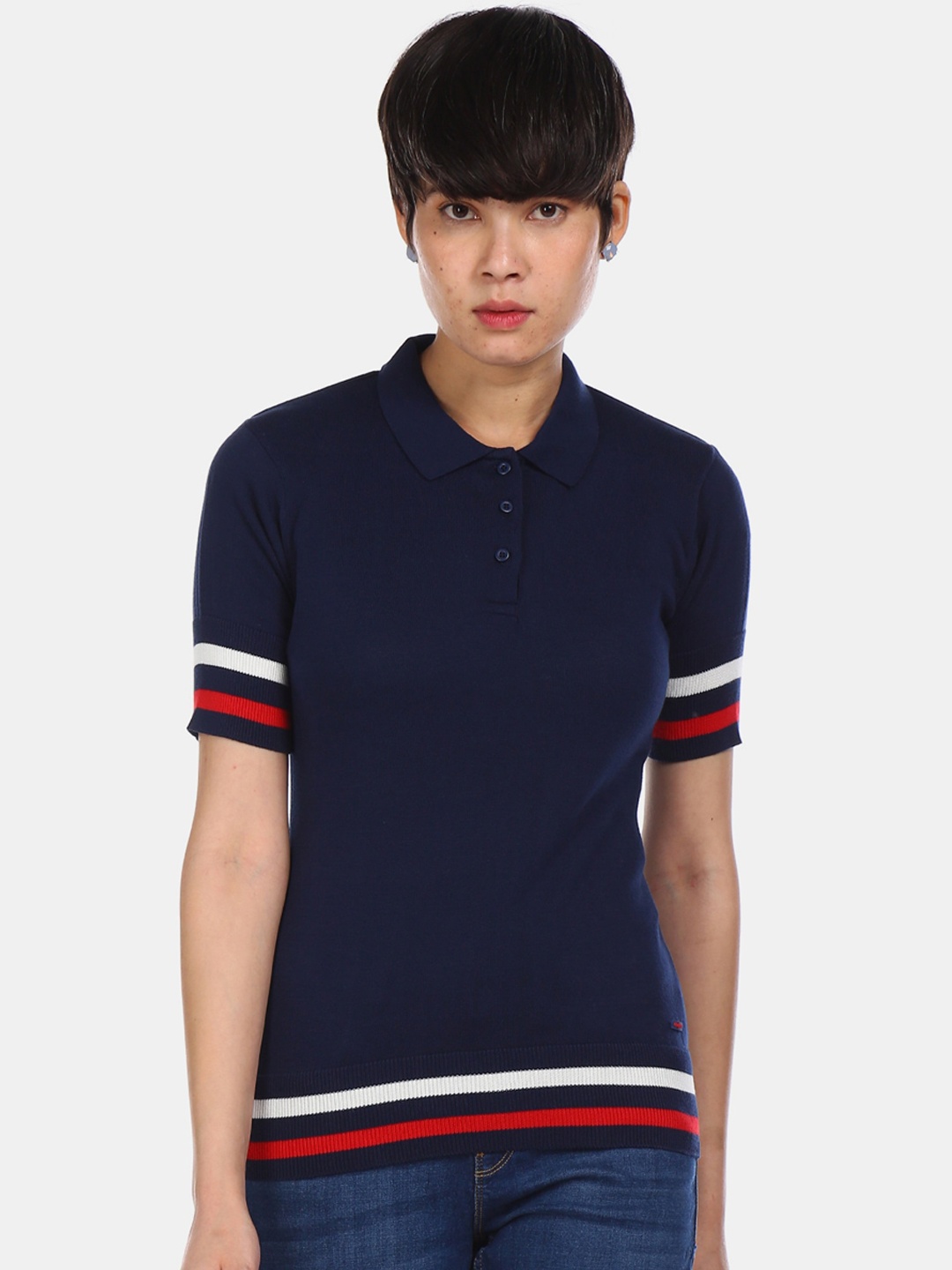 

U.S. Polo Assn. Women Blue Solid Polo Collar T-shirt