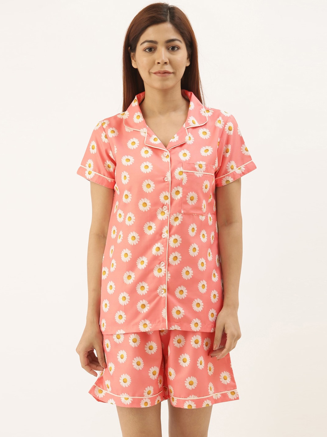 

Bannos Swagger Women Peach-Coloured & White Printed Night suit