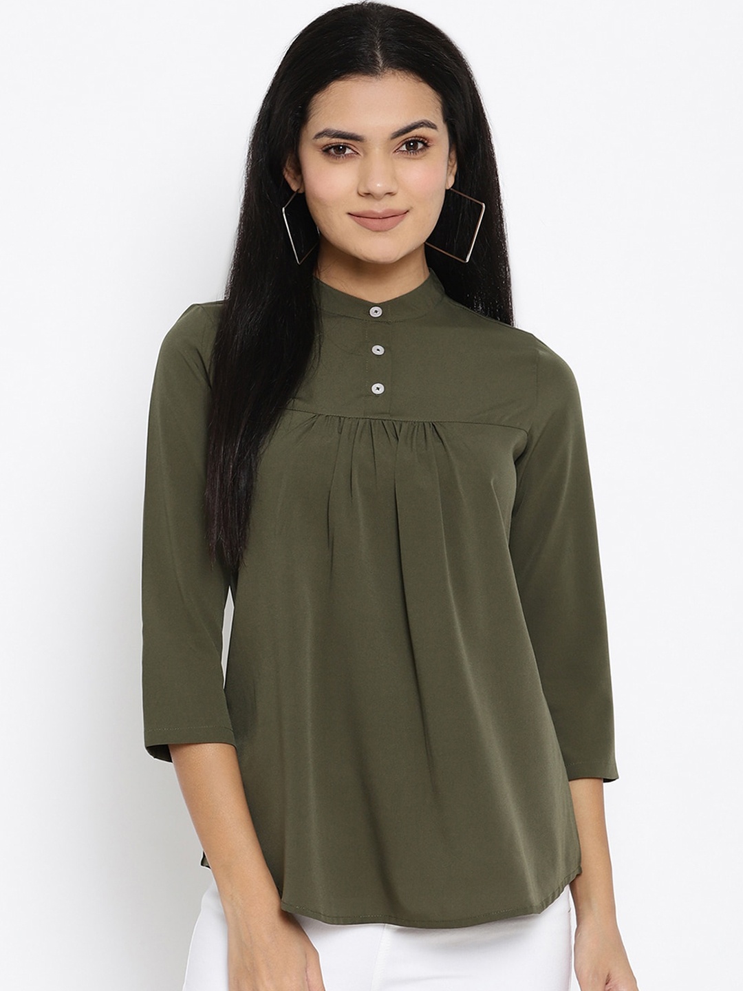 

THREAD MUSTER Olive Green Mandarin Collar Crepe Regular Top