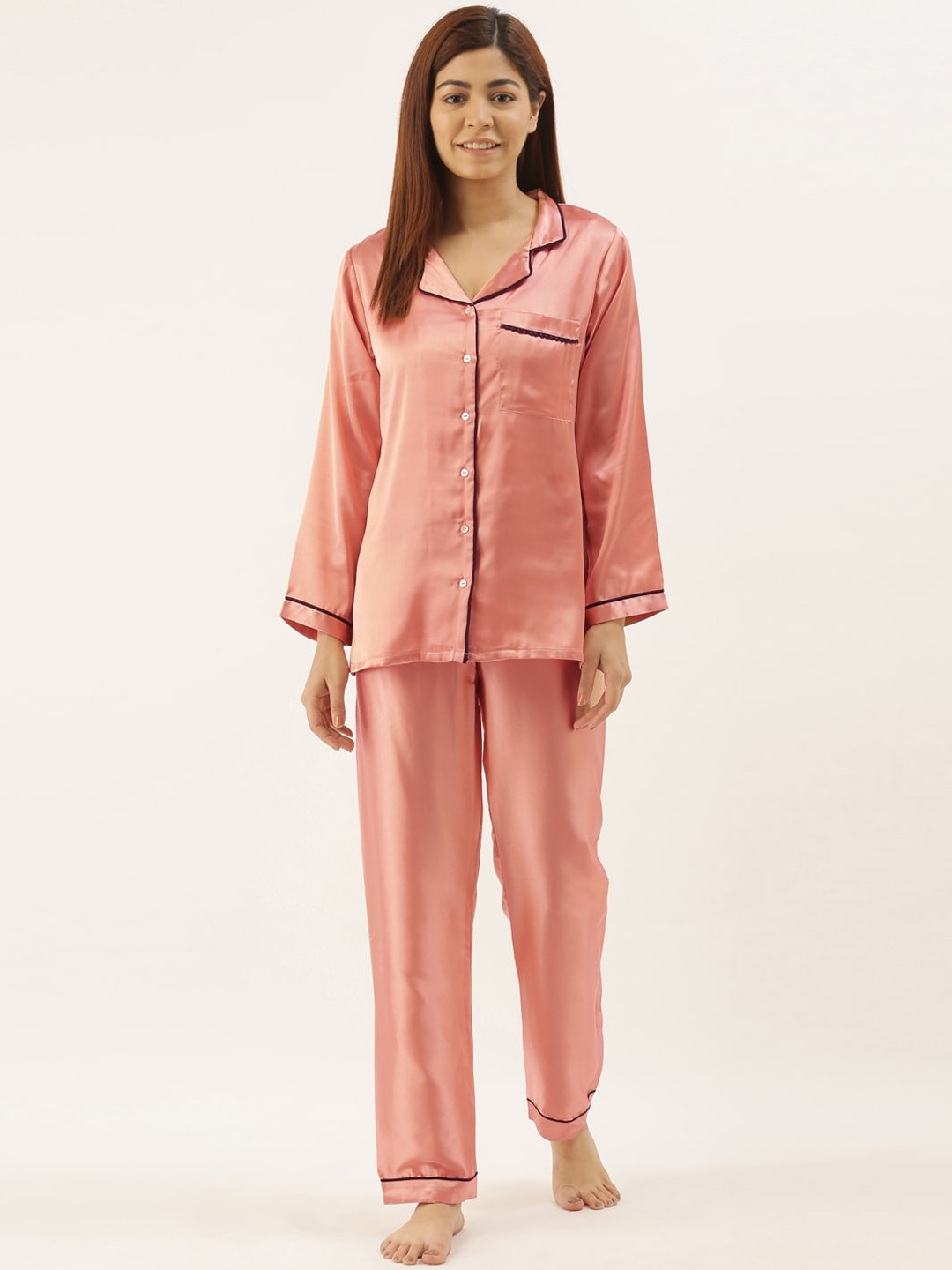 

Bannos Swagger Women Pink & Maroon Solid Satin Night Suit