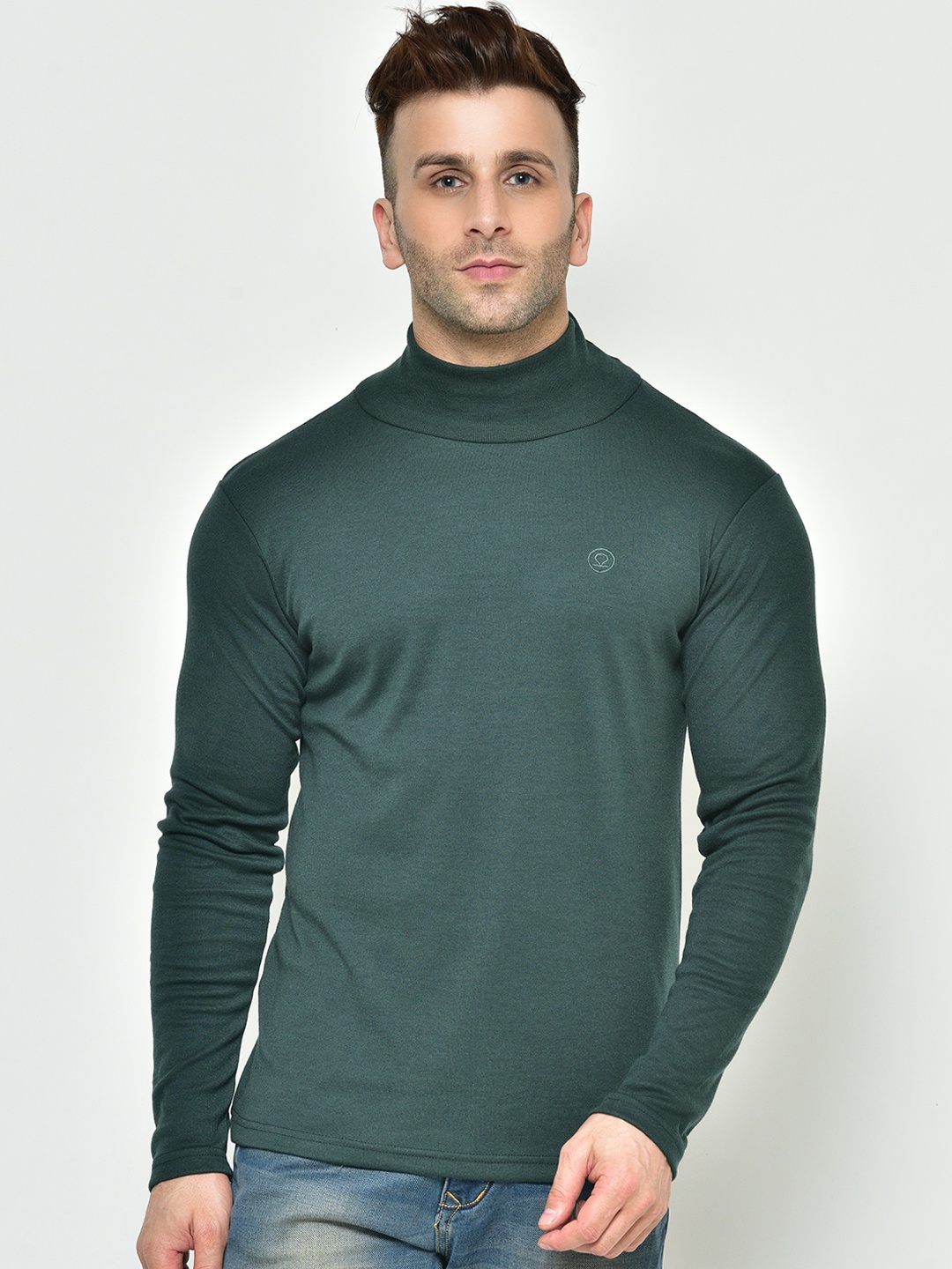 

CHKOKKO Men Green Solid High Neck T-shirt
