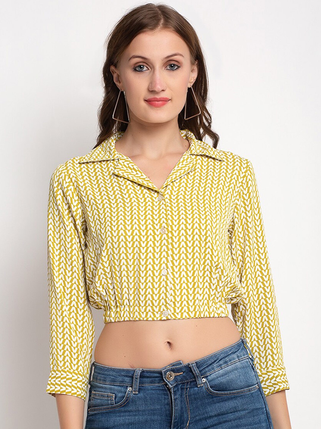 

Aujjessa Olive Green Geometric Striped Crepe Shirt Style Crop Top