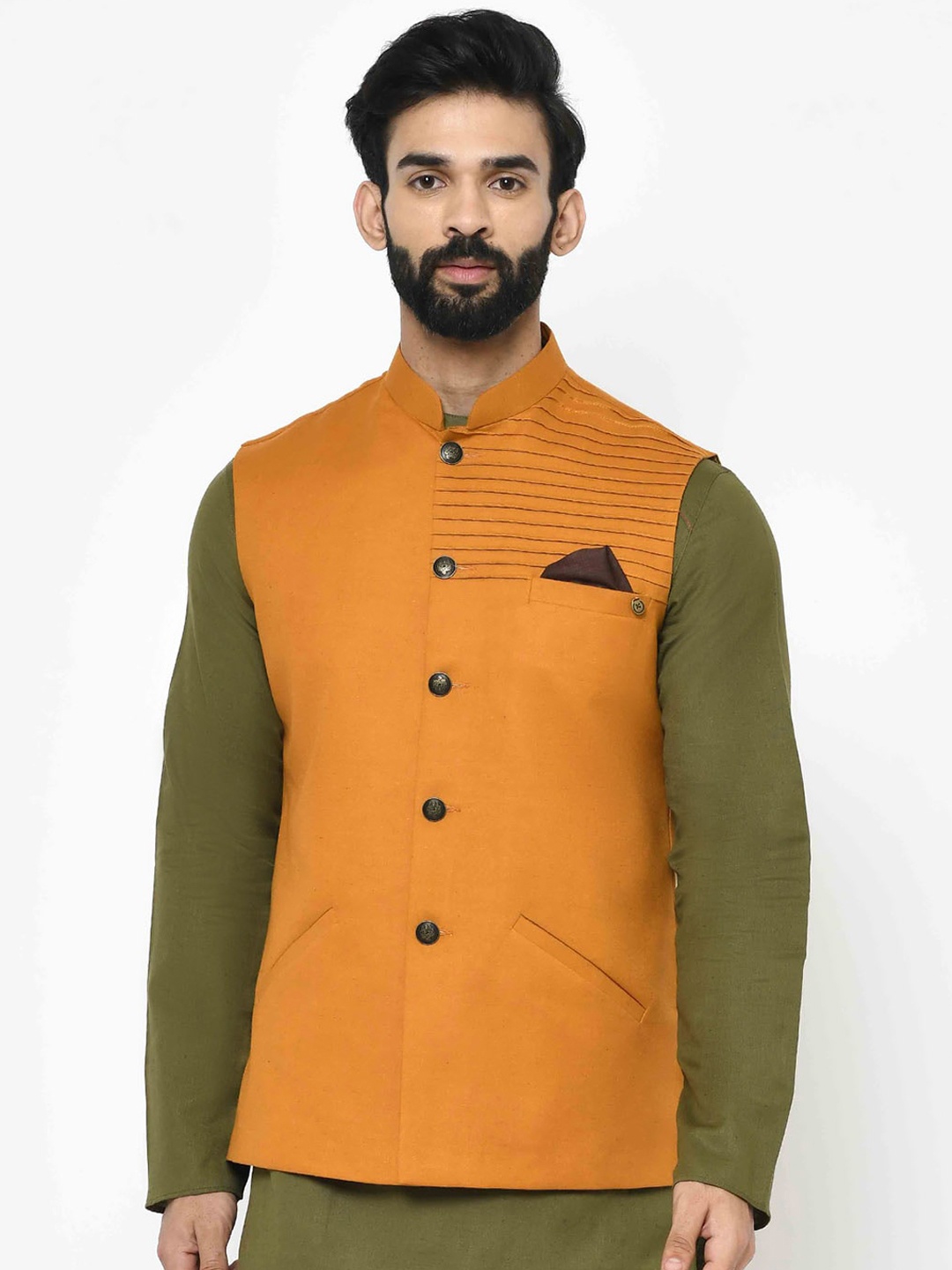 

Vartah Men Orange Solid Handloom Cotton Nehru Jacket