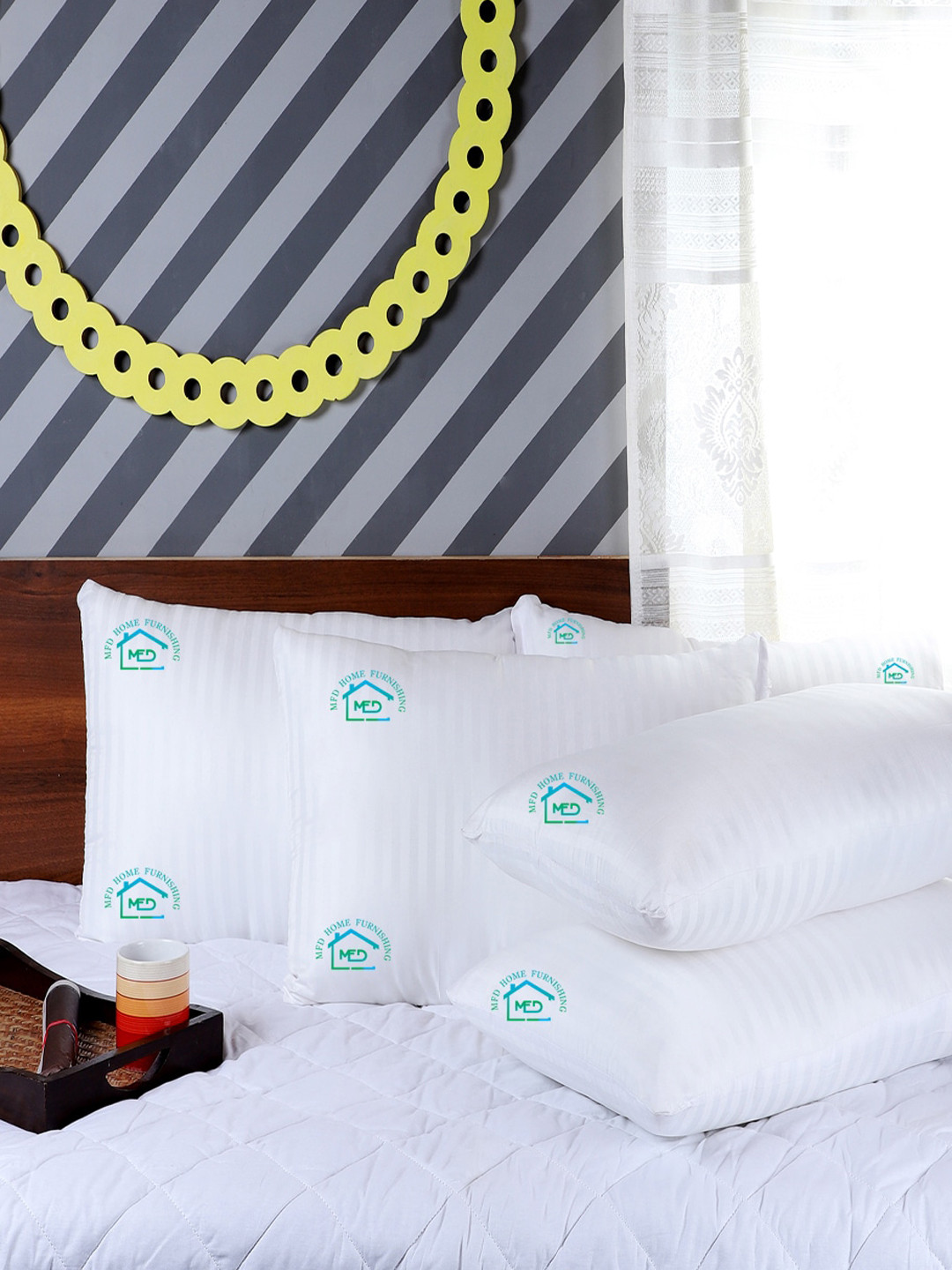 

MFD HOME FURNISHING Set Of 5 White Striped Sleep Pillows