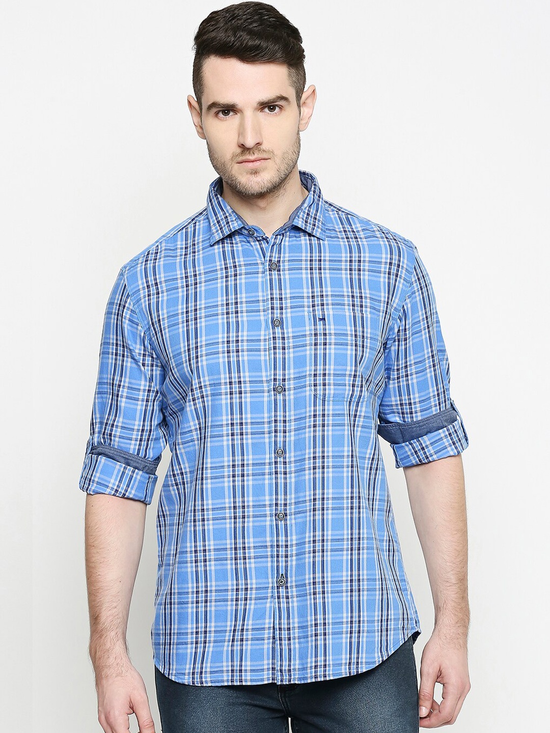 Basics Men Blue Slim Fit Checked Casual Shirt