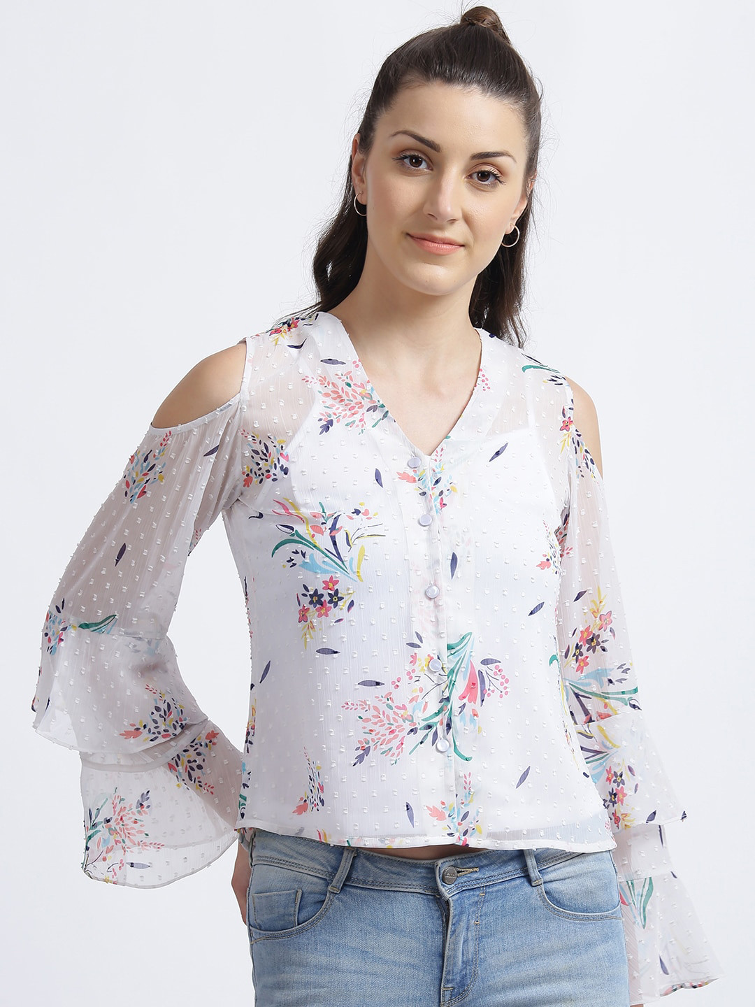 

Zink London White Floral Printed Cold-Shoulder Sleeves Regular Top