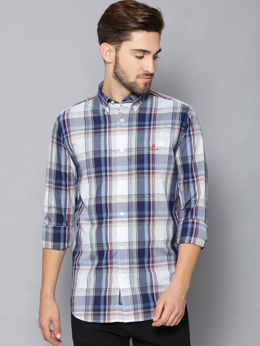 

GANT Men Navy Blue & White Regular Fit Checked Cotton Casual Shirt