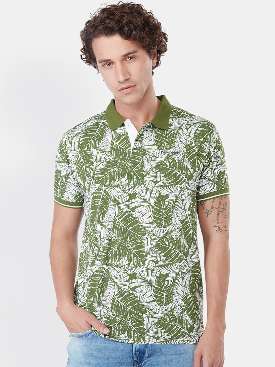 

Pepe Jeans Men Olive Green & White Printed Polo Collar T-shirt