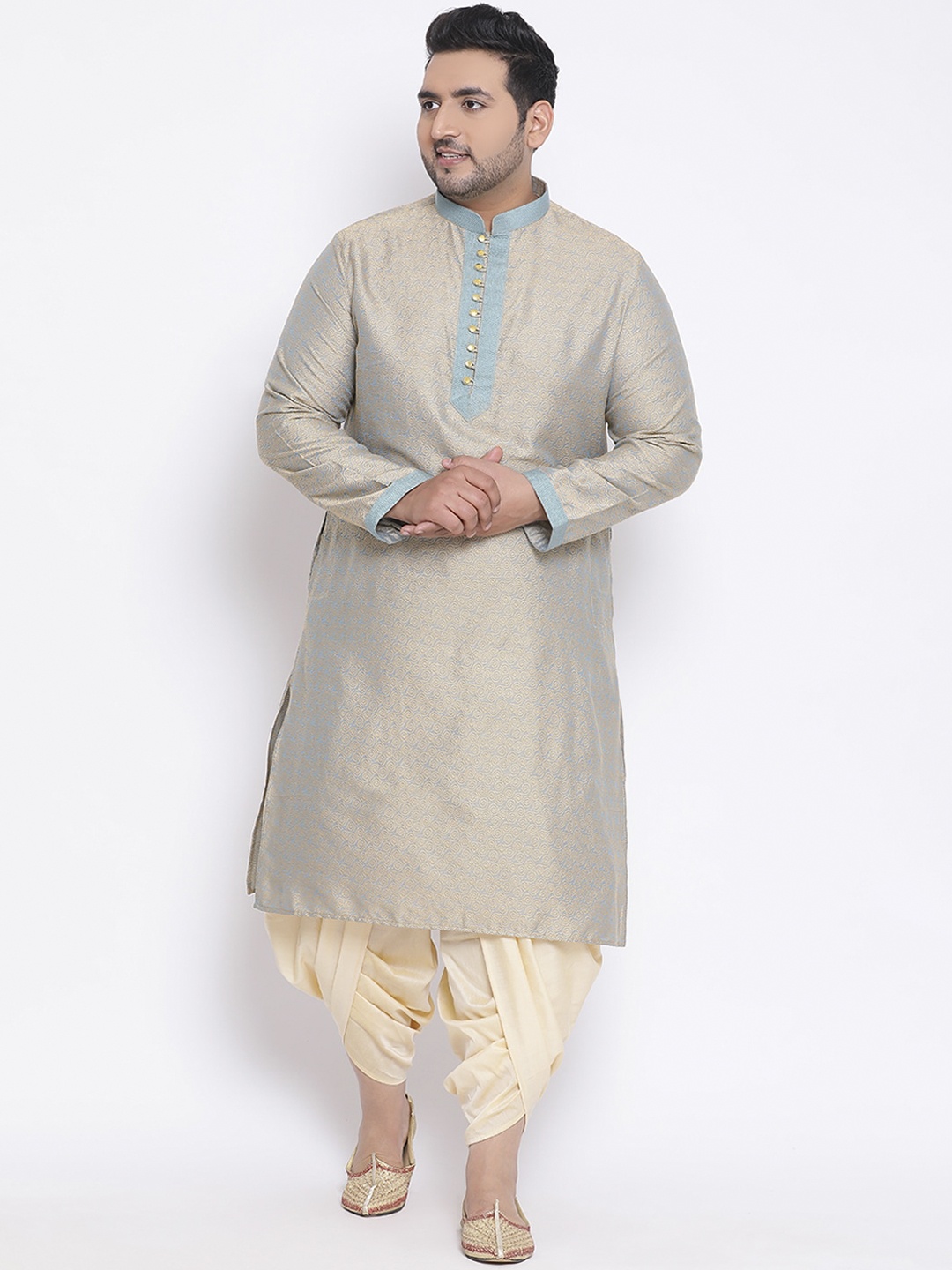 

KISAH PLUS Men Grey Woven Design Thread Work Jacquard Kurta