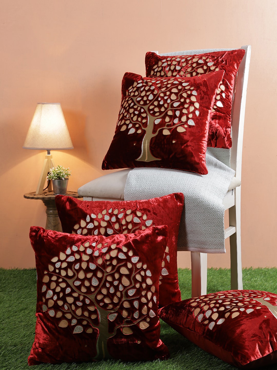 

ROMEE Maroon & Gold-Toned Set of 5 Ethnic Motifs Square Cushion Covers