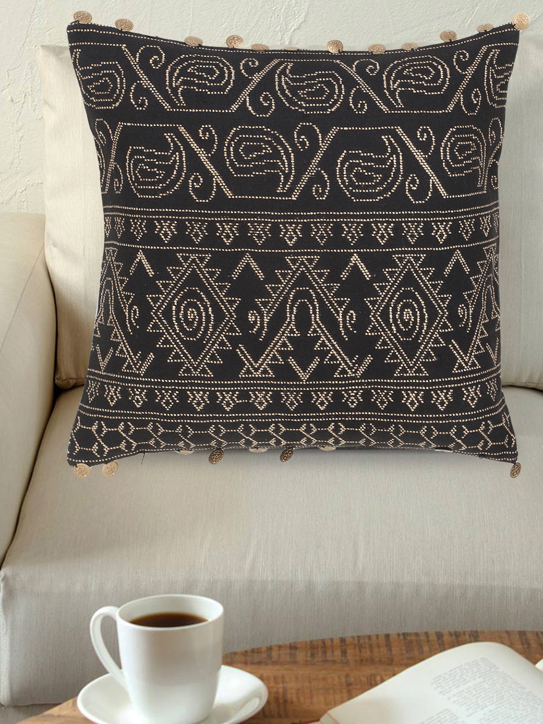 

Mezposh Black & Beige Single Ethnic Motifs Square Cushion Cover