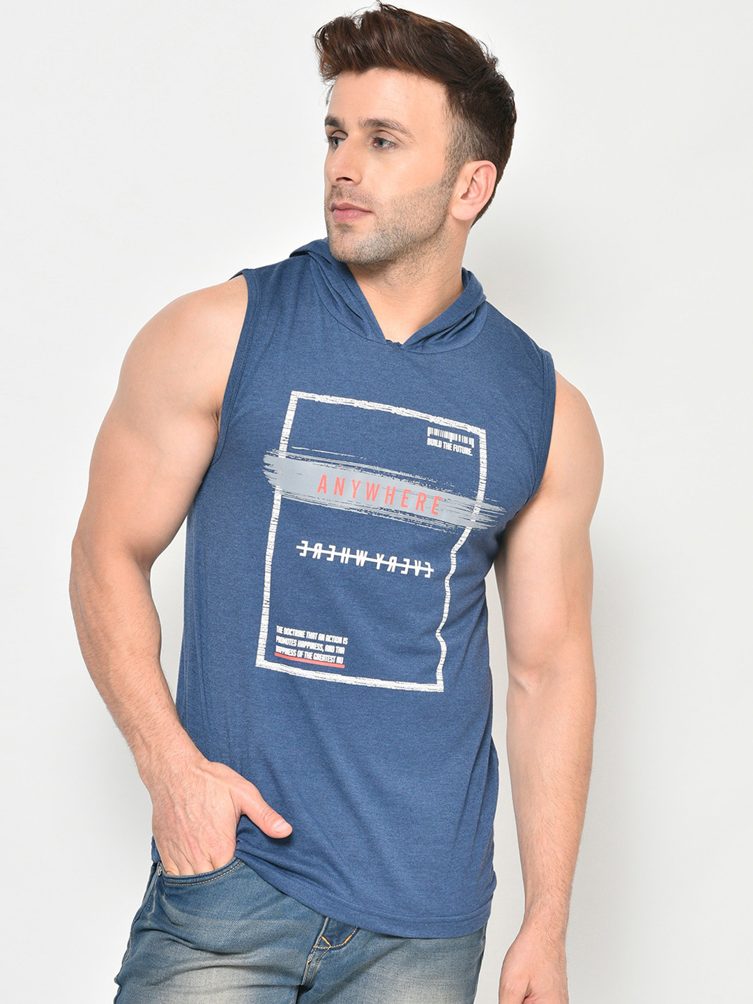 

Chkokko Men Blue Printed HoodT-shirt