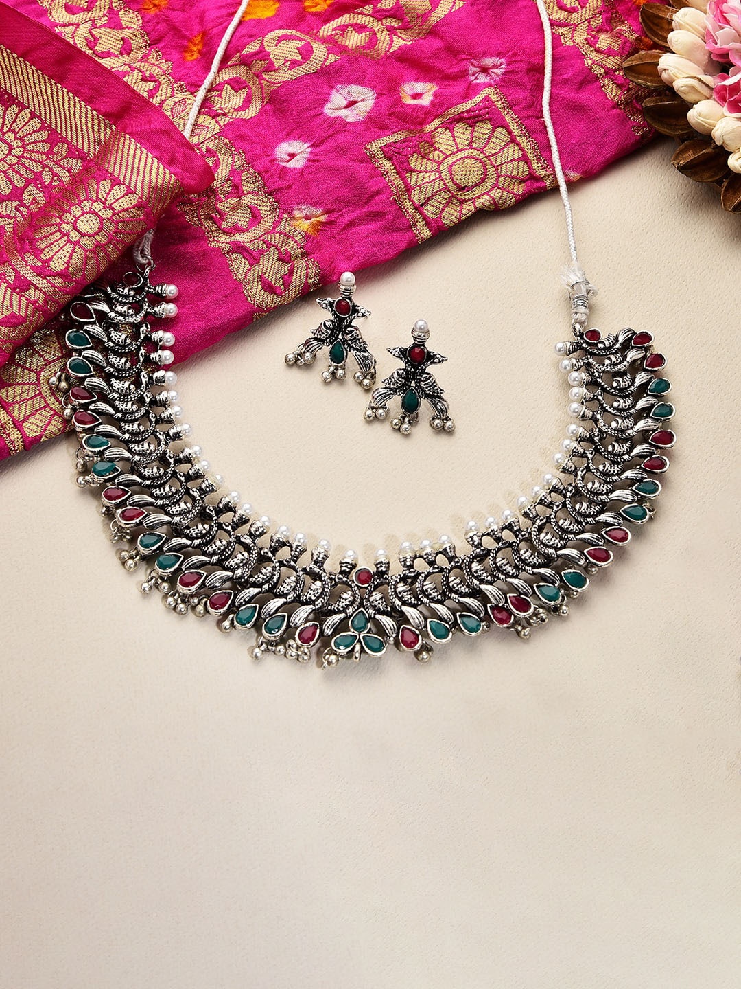 

Fida Oxidised Silver-Plated Pink & Green Stone-Studded & Beaded Jewellery Set