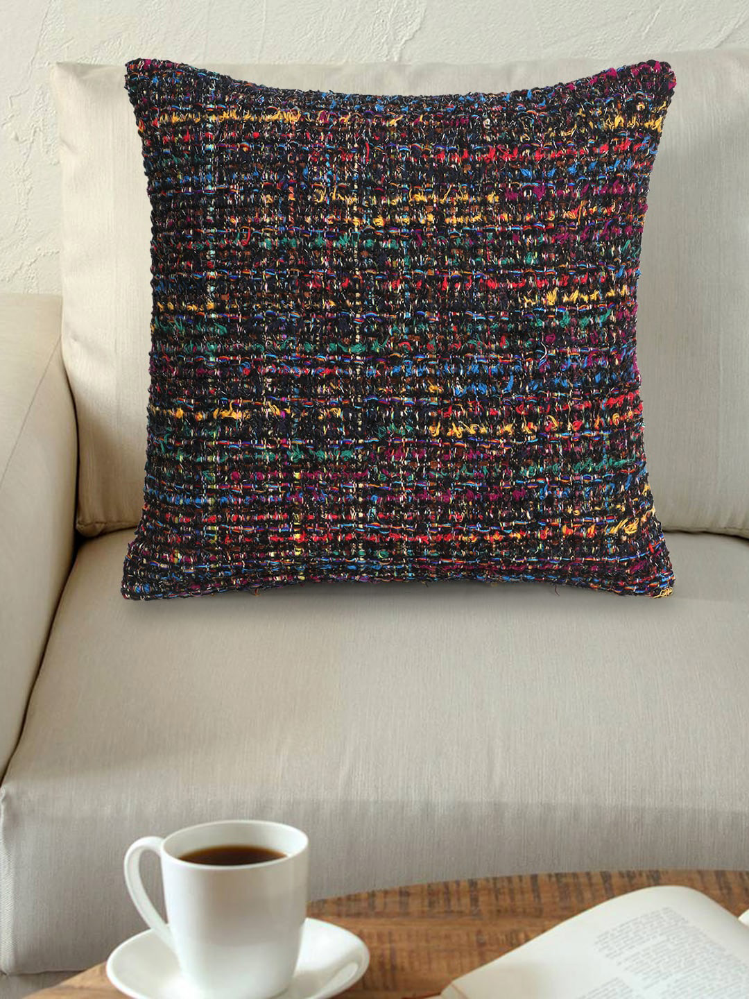 

Mezposh Black & Yellow Set of Single Self Design Square Cushion Covers