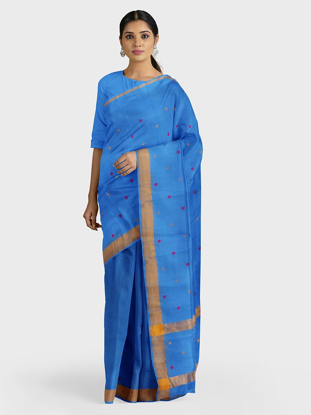 APCO Blue & Gold-Toned Pure Cotton Woven Design Saree