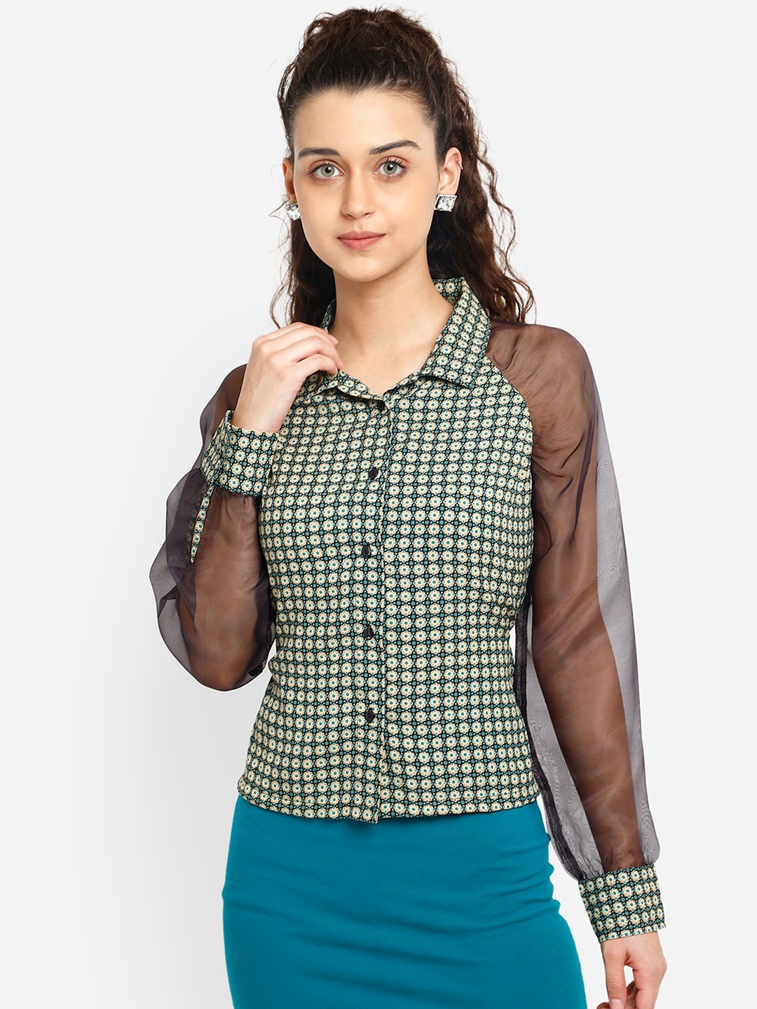 

Yaadleen Beige & Green Floral Printed Crepe Shirt Style Top