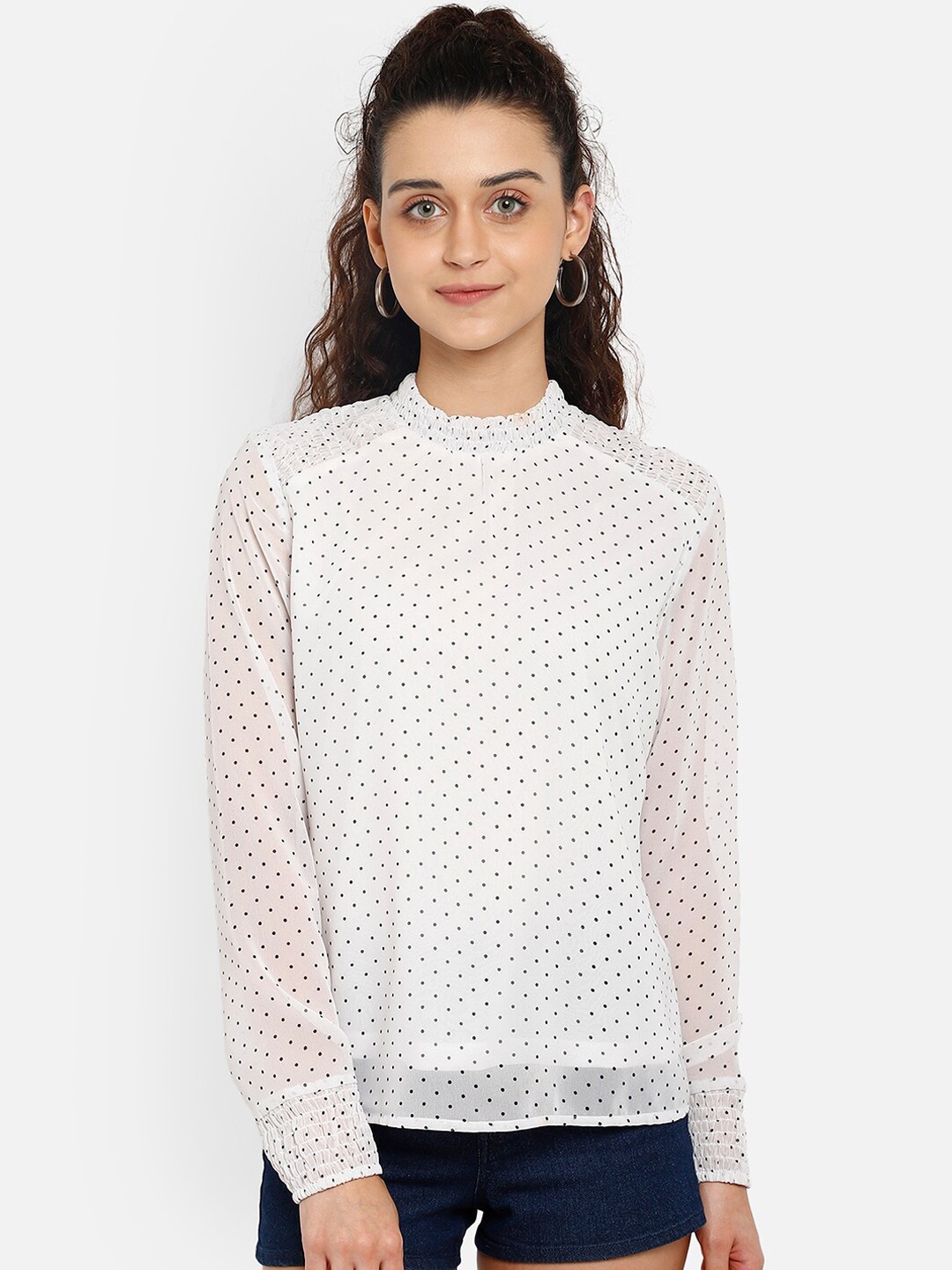 

Yaadleen White Printed Bishop Sleeves Monochrome Georgette Regular Top