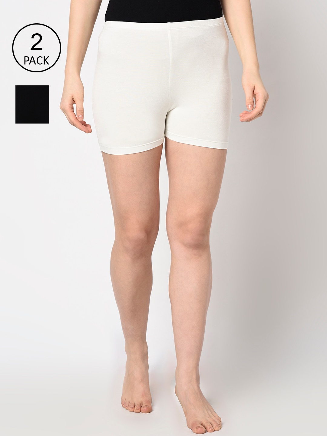 Espresso Women Pack of 2 Black & Off- White Solid Slim Fit Shorts For Under Dresses