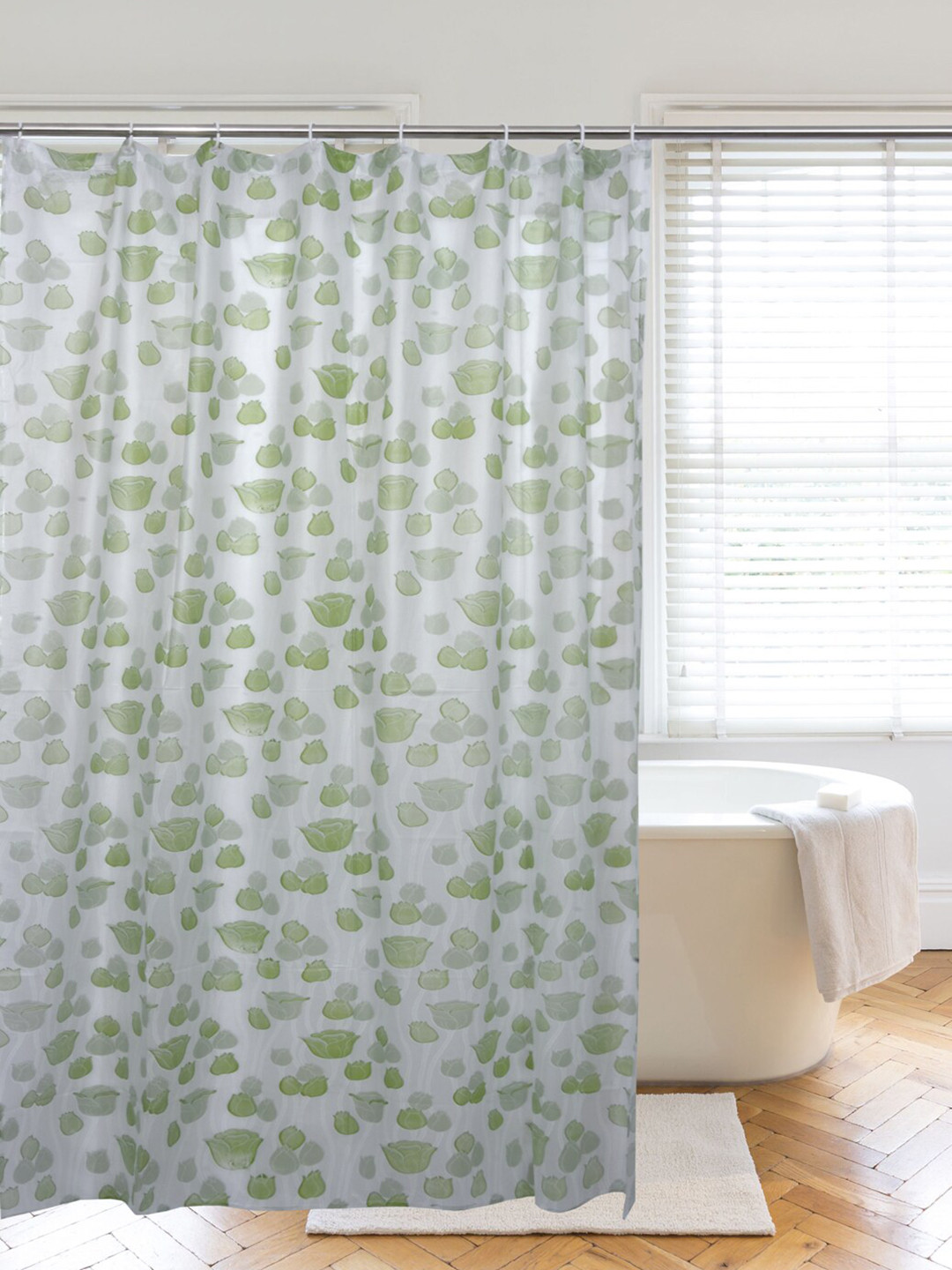 

Clasiko White & Green Printed PVC Plastic Bath Shower Bathroom Curtain With Hooks