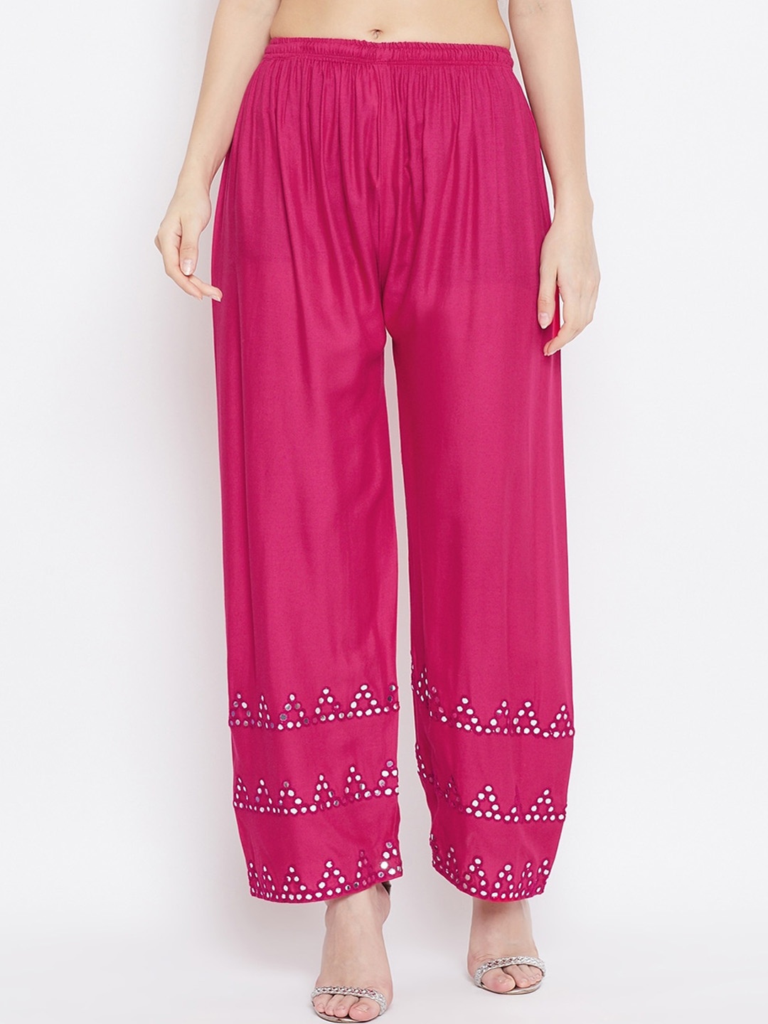 

Clora Creation Women Magenta & Silver-Toned Hem Design Straight Palazzos