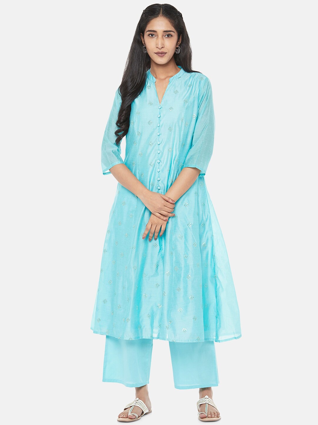 

RANGMANCH BY PANTALOONS Women Turquoise Blue Self Design Kurta with Palazzos