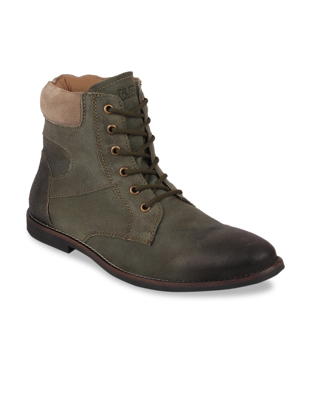 

FAUSTO Men Olive Green eather Flat Boots Casual Shoes