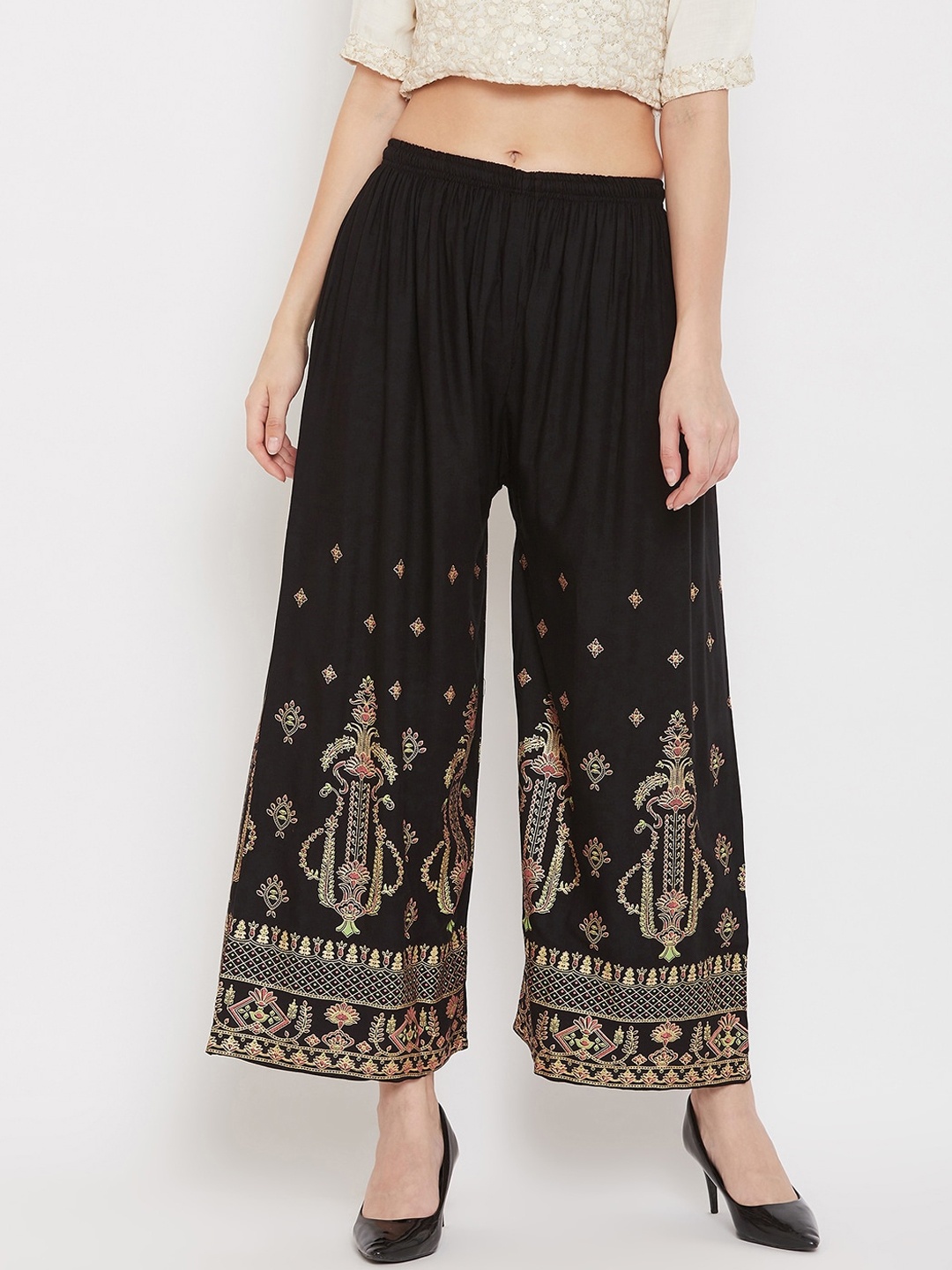 Clora Creation Women Black & Gold-Toned Printed Straight Palazzos