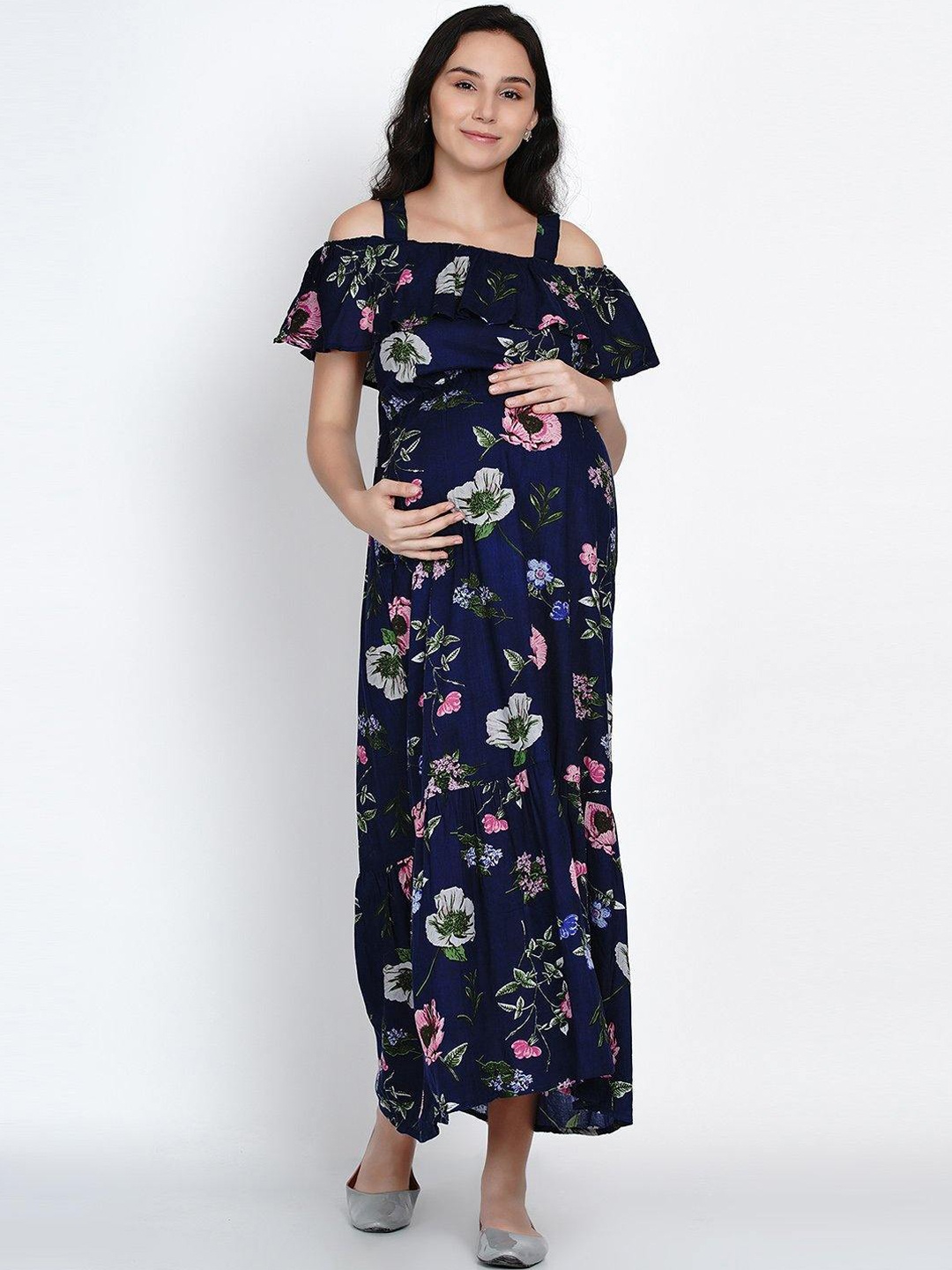 

Mine4Nine Women Navy Blue Printed Maxi Maternity Dress
