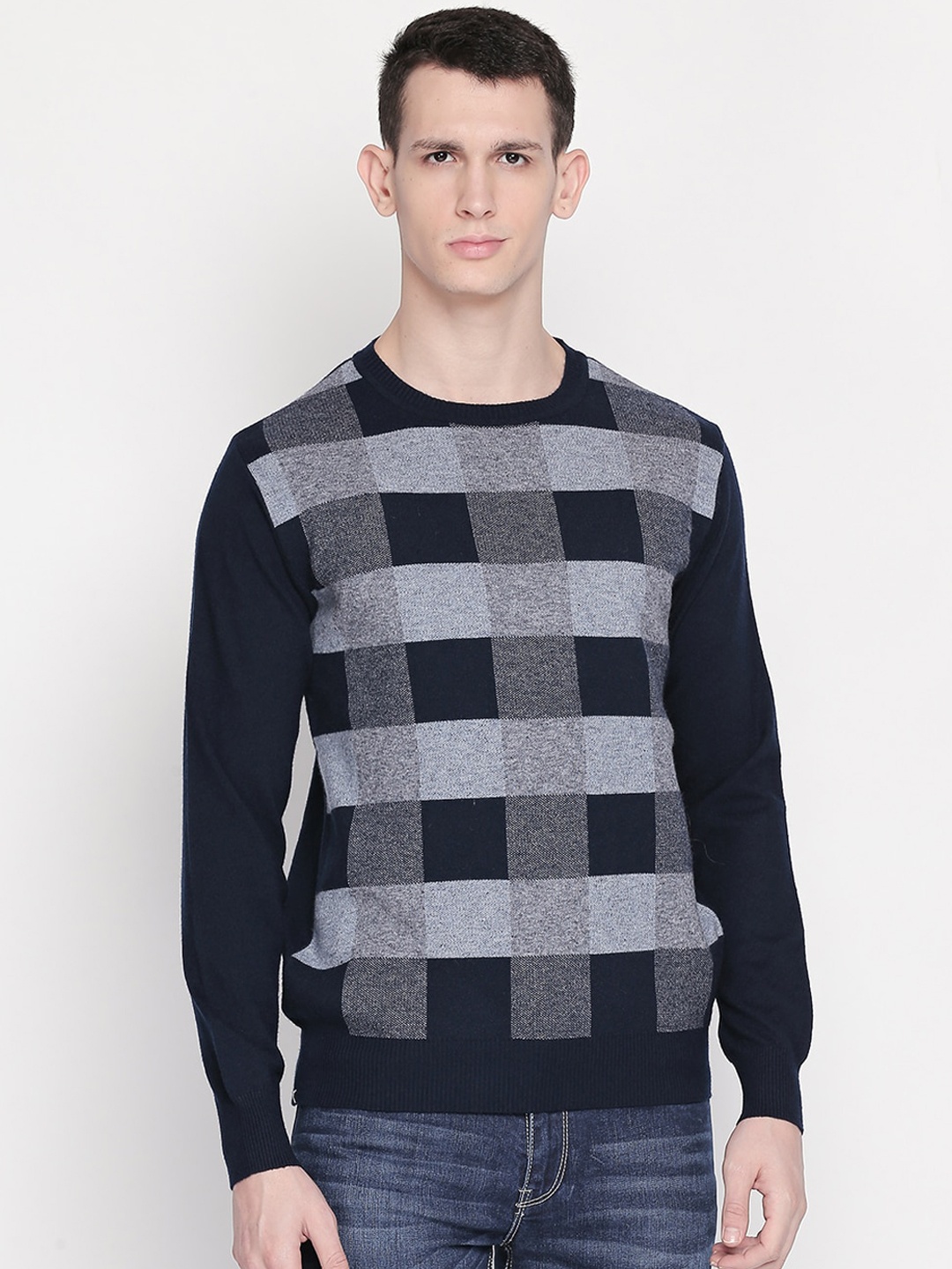 

Status Quo Men Navy Blue Checked Pullover Sweater