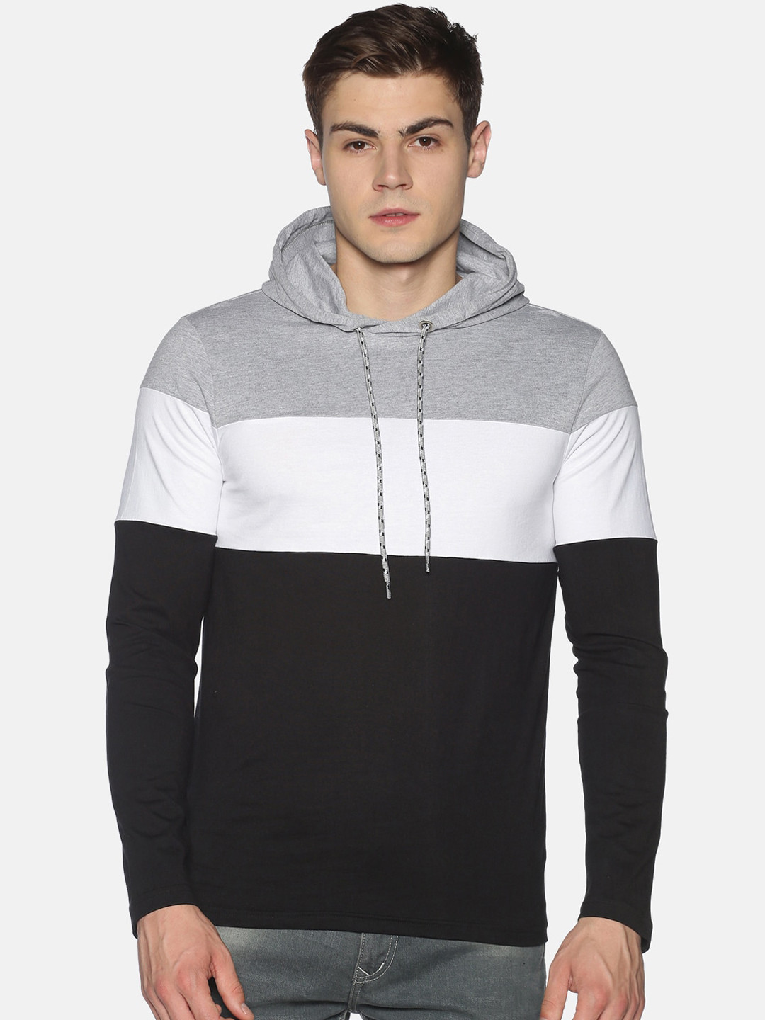 

UrGear Men Grey Melange Black Colourblocked Cotton Hood Pure Cotton T-shirt