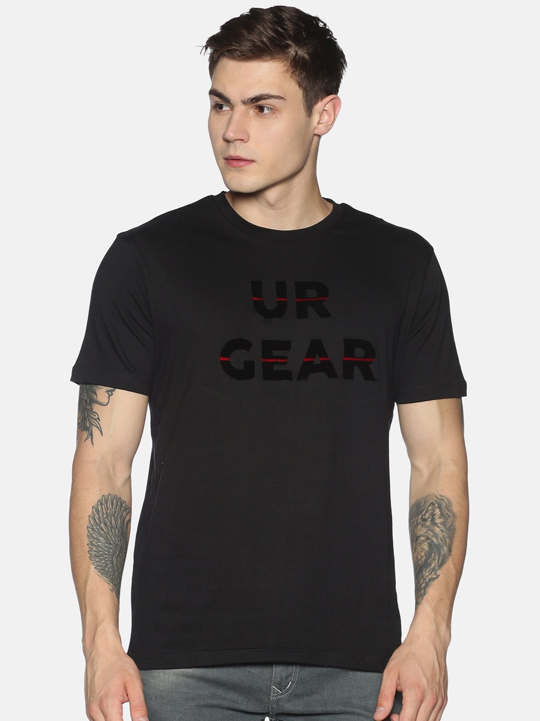 

UrGear Men Black Printed Round Neck Cotton Pure Cotton T-shirt