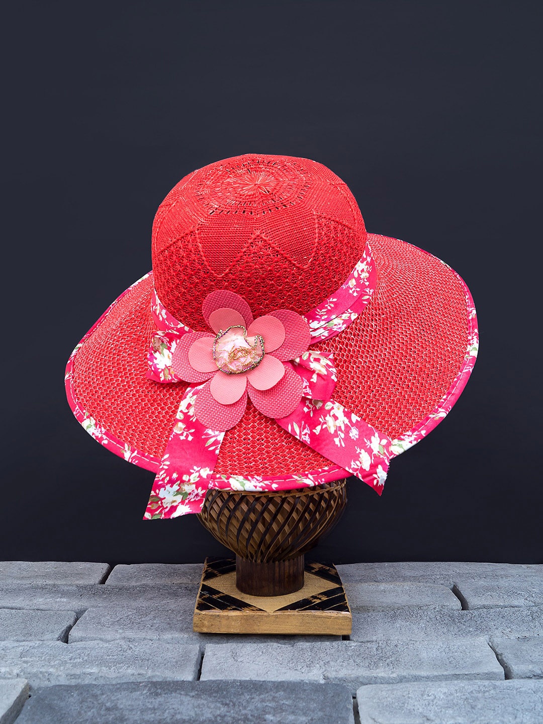 

Golden Peacock Women Red & Pink Woven-Design Straw Sun Hat